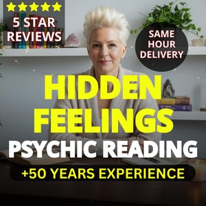 May include: Image features a woman with blonde hair, with text overlay: "HIDDEN FEELINGS PSYCHIC READING +50 YEARS EXPERIENCE". Additional text includes "5 STAR REVIEWS" and "SAME HOUR DELIVERY". A desk with a book, candle, and mug is in the foreground.