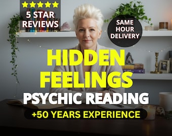 May include: Image features a woman with blonde hair, with text overlay: "HIDDEN FEELINGS PSYCHIC READING +50 YEARS EXPERIENCE". Additional text includes "5 STAR REVIEWS" and "SAME HOUR DELIVERY". A desk with a book, candle, and mug is in the foreground.