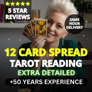 May include: Image of a woman holding tarot cards, with text overlay: "12 CARD SPREAD TAROT READING EXTRA DETAILED +50 YEARS EXPERIENCE". The image also includes "5 STAR REVIEWS" and "SAME HOUR DELIVERY".