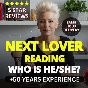 Puede incluir: Imagen de una mujer con cabello rubio corto y puntiagudo. Superposición de texto: "NEXT LOVER READING WHO IS HE/SHE?" y "+50 YEARS EXPERIENCE." También se lee "5 STAR REVIEWS" y "SAME HOUR DELIVERY."