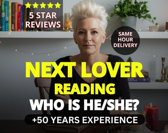 Könnte beinhalten: Das Bild zeigt eine Frau mit kurzen, stacheligen blonden Haaren. Text-Overlay: "NEXT LOVER READING WHO IS HE/SHE?" und "+50 YEARS EXPERIENCE." Zusätzlich sind "5 STAR REVIEWS" und "SAME HOUR DELIVERY" zu sehen.