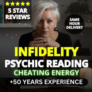 May include: Image features a woman with short, silver hair, with text overlayed. The text includes "INFIDELITY PSYCHIC READING CHEATING ENERGY +50 YEARS EXPERIENCE" and "5 STAR REVIEWS". A candle is lit on the right.
