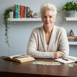 May include: A woman sits at a dark wooden table with open books, tarot cards, and a lit candle. She wears a cream-colored cardigan. Shelves in the background hold books, plants, and decorative items. The scene suggests a setting for spiritual guidance or reading.