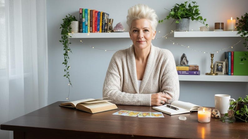 May include: A woman sits at a dark wooden table with open books, tarot cards, and a lit candle. She wears a cream-colored cardigan. Shelves in the background hold books, plants, and decorative items. The scene suggests a setting for spiritual guidance or reading.