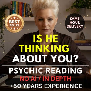 May include: Image promoting psychic readings. Text reads "IS HE THINKING ABOUT YOU? PSYCHIC READING NO AI/ IN DEPTH +50 YEARS EXPERIENCE". Includes "BEST SELLER" and "SAME HOUR DELIVERY" badges. A woman is centered in the image.