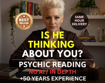 May include: Image promoting psychic readings. Text reads "IS HE THINKING ABOUT YOU? PSYCHIC READING NO AI/ IN DEPTH +50 YEARS EXPERIENCE". Includes "BEST SELLER" and "SAME HOUR DELIVERY" badges. A woman is centered in the image.