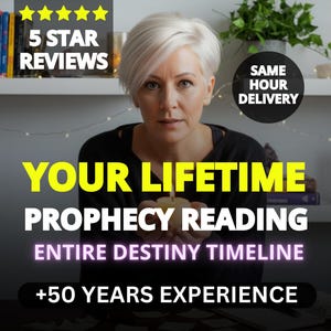 Könnte beinhalten: Bild einer Frau, die eine Kerze hält, mit Textüberlagerung: "YOUR LIFETIME PROPHECY READING, ENTIRE DESTINY TIMELINE, +50 YEARS EXPERIENCE." Enthält "5 STAR REVIEWS" und "SAME HOUR DELIVERY" Abzeichen.