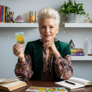 May include: A woman holding a tarot card with a sun design, seated at a table with books, candles, and a crystal ball. She wears a green jacket and patterned blouse. Shelves with books and plants are in the background, creating a mystical atmosphere.