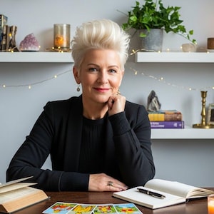 May include: A woman with short, blonde hair sits at a wooden desk with open books, a notebook, and tarot cards. She wears a black blazer and smiles. Shelves behind her hold books, candles, and plants, creating a cozy, spiritual atmosphere.