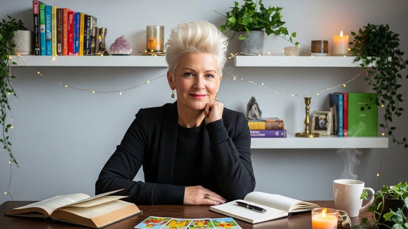 May include: A woman with short, blonde hair sits at a wooden desk with open books, a notebook, and tarot cards. She wears a black blazer and smiles. Shelves behind her hold books, candles, and plants, creating a cozy, spiritual atmosphere.