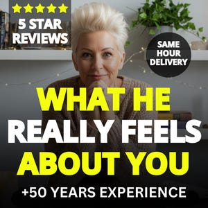 Può includere: Immagine di una donna bionda con il testo "WHAT HE REALLY FEELS ABOUT YOU" in grandi lettere gialle e bianche. Il testo aggiuntivo include "5 STAR REVIEWS", "SAME HOUR DELIVERY" e "+50 YEARS EXPERIENCE".