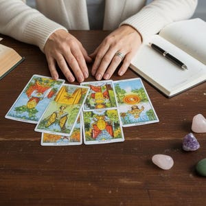 May include: A collection of tarot cards, open books, a notebook with a pen, crystals, and a lit candle are arranged on a dark wooden table. The cards are face up, displaying colorful illustrations. The scene suggests a spiritual or divination theme.