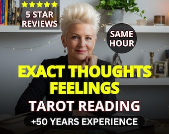 May include: A woman with blonde hair is featured in an advertisement for tarot readings. The text on the image reads "Exact Thoughts Feelings Tarot Reading" and "+50 Years Experience". The image also includes "5 Star Reviews" and "Same Hour".