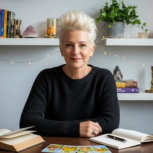May include: A woman with short, spiky blonde hair sits at a wooden desk with open books, a notebook, and tarot cards. She wears a black sweater. Shelves behind her hold books, plants, candles, and decorative items. A cup of coffee steams on the desk.