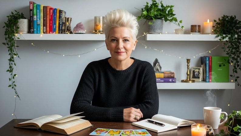 May include: A woman with short, spiky blonde hair sits at a wooden desk with open books, a notebook, and tarot cards. She wears a black sweater. Shelves behind her hold books, plants, candles, and decorative items. A cup of coffee steams on the desk.