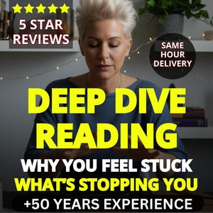 May include: Image promoting a deep dive reading service. The text includes "5 Star Reviews", "Deep Dive Reading", and "+50 Years Experience". A woman is centered in the image, with text overlayed in yellow.