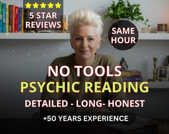 May include: Image advertising psychic readings. Text includes "5 STAR REVIEWS", "SAME HOUR", "NO TOOLS PSYCHIC READING", "DETAILED - LONG - HONEST", and "+50 YEARS EXPERIENCE". A woman with short blonde hair is centered in the image.