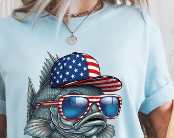 Light Blue Cotton T Shirt Patriotic Fish Graphic USA Flag Fishing Design S-4XL