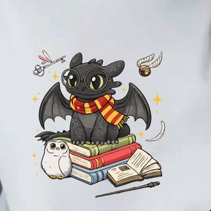 May include: A light blue t-shirt featuring a graphic of a black dragon wearing round glasses and a red and yellow striped scarf, sitting on a stack of books next to a white owl, a wand, a golden snitch, and a key with wings.