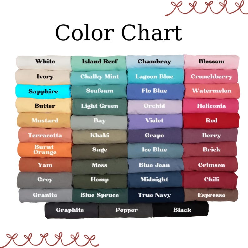 May include: A color chart displaying a grid of folded fabric swatches in various shades. Each swatch is labeled with its color name, including White, Ivory, Sapphire, Butter, Mustard, Terracotta, Burnt Orange, Yam, Grey, Granite, Graphite, Pepper, and Black.