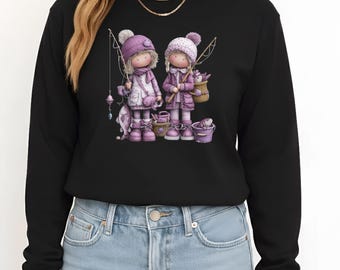Black Cotton Fishing Sweatshirt, Girls Fishing Graphic Pullover Womens