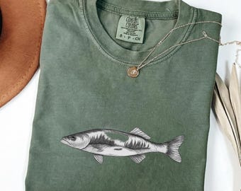 Groen comfortkleuren visshirt, minimalistisch visshirt met print Nature Angler-stijl