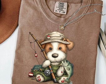 Brown Comfort Colors Fishing Shirt, Dog Fishing Graphic Tee Outdoor