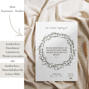 May include: A white print with German text and a crown of thorns design. The print includes the words "Die Heilige Fastenzeit" and a quote from the Bible. The print is on a white background.