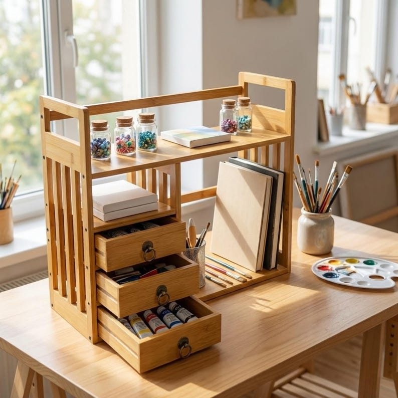 Bamboo Desktop Organizer Shelf With Drawers - Etsy