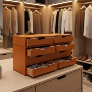 May include: A wooden jewelry organizer with multiple drawers, some open to reveal contents. The organizer is a warm orange color and sits on a light-colored wooden surface. The background shows a closet with hanging clothes.