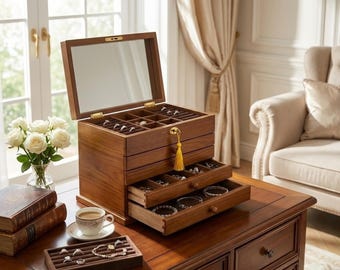 Wooden Jewelry Box with Mirror & Lock | Vintage Jewelry Organizer Gift