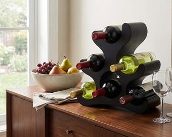 Black Wood Wine Rack, Modern Countertop Holder, Minimalist Storage Stand