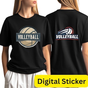 Könnte beinhalten: Schwarze T-Shirts mit Volleyball-Grafiken. Ein Shirt zeigt ein Volleyball-Design mit dem Wort "VOLLEYBALL" auf einem Banner. Das andere Shirt zeigt einen Volleyball und das Wort "VOLLEYBALL".