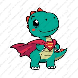 Könnte beinhalten: Cartoon-Illustration eines türkisfarbenen Dinosauriers mit rotem Umhang und Superman-Logo. Der Dinosaurier hat einen roten Kamm, ein lächelndes Gesicht und steht mit verschränkten Armen da. Das Bild hat einen weißen Hintergrund.