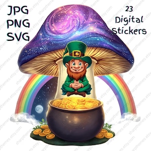 Könnte beinhalten: Digitales Sticker-Set mit einem Leprechaun, einem Goldtopf, einem Regenbogen und einem Pilz mit Galaxie-Design. Das Bild enthält den Text "23 Digital Stickers" und Dateitypoptionen: JPG, PNG und SVG.