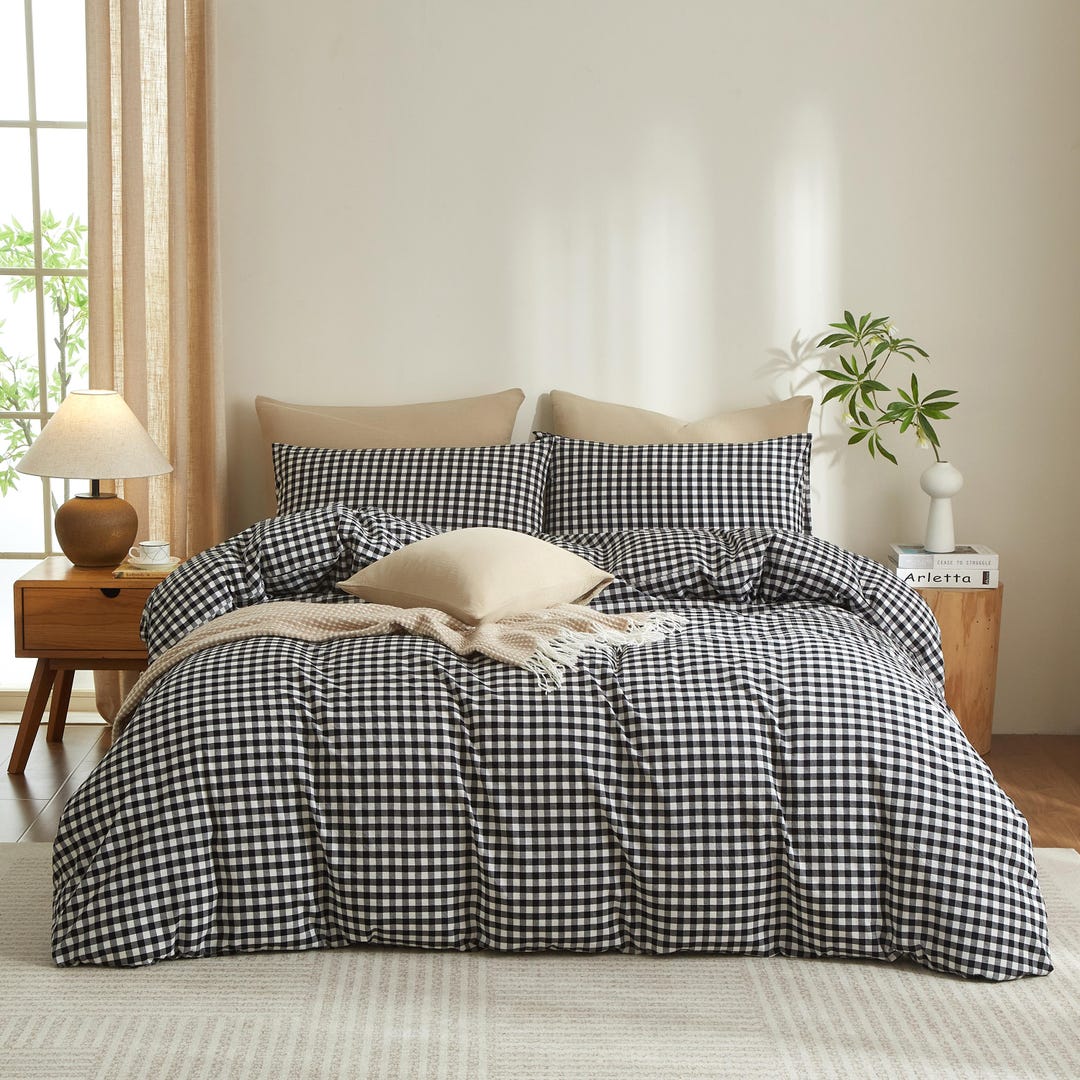 Gingham Duvet Cover Set 100 Washed Cotton Linen Like Textured — free download