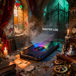 May include: A smartphone displaying a holographic projection labeled "MASTER LOG" in a gothic-style room. The phone's screen emits a rainbow glow. The scene includes candles, books, and antique clocks, creating a vintage aesthetic.