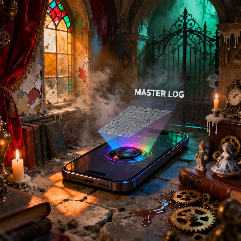 May include: A smartphone displaying a holographic projection labeled "MASTER LOG" in a gothic-style room. The phone's screen emits a rainbow glow. The scene includes candles, books, and antique clocks, creating a vintage aesthetic.