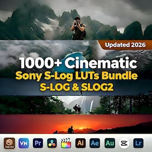 Może przedstawiać: Obraz promocyjny dla narzędzi do edycji wideo. Obraz przedstawia krajobraz i tekst "1000+ Cinematic Sony S-Log LUTs Bundle S-LOG & SLOG2" oraz "Updated 2026". Ikony oprogramowania do edycji są wyświetlane na dole.