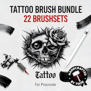 Könnte beinhalten: Ein digitales Kunstpaket mit dem Text "TATTOO BRUSH BUNDLE 22 BRUSHSETS". Das Bild zeigt einen Schädel mit einer Rose, eine Tätowiermaschine, einen weißen Stift und schwarze Pinselstriche. Die Worte "Tattoo For Procreate" sind ebenfalls sichtbar.
