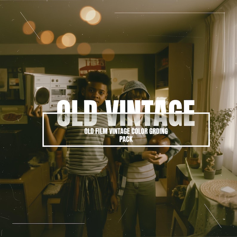 May include: Two young people stand in a room, one holding a vintage boombox. The image has a retro aesthetic, with the text "OLD VINTAGE" and "OLD FILM VINTAGE COLOR GRDING PACK" overlaid. The scene is lit with warm tones.