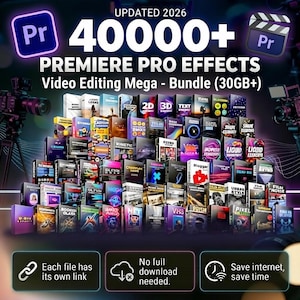 Może przedstawiać: Reklama efektów Premiere Pro, przedstawiająca duży stos oprogramowania w pudełkach. Obraz wyświetla tekst "40000+ PREMIERE PRO EFFECTS" i "Video Editing Mega - Bundle (30GB+)". Dodatkowy tekst podkreśla funkcje, takie jak indywidualne linki do plików i brak pełnego pobierania.