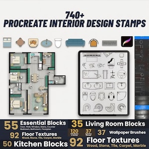 Könnte beinhalten: Ein Bild mit Procreate-Innenarchitektur-Stempeln. Das Bild enthält einen Grundriss, ein Tablet mit verschiedenen Designelementen und Text, der 740+ Stempel, 55 essentielle Blöcke, 35 Wohnzimmerblöcke, 92 Bodentexturen und 50 Küchenblöcke anzeigt.