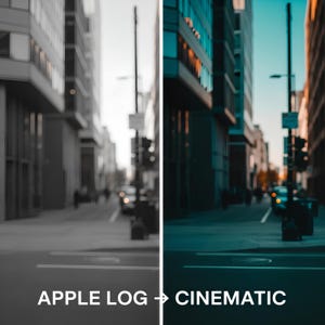 May include: A split image showing a city street scene. The left side is in black and white, labeled "APPLE LOG." The right side is in color, labeled "CINEMATIC." Buildings line the street, with blurred figures and vehicles.