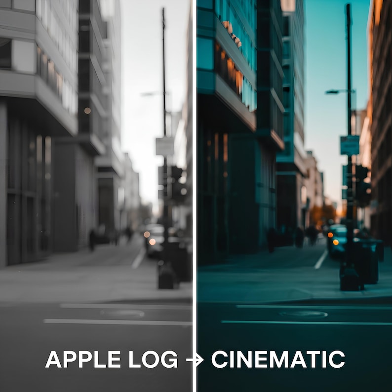 May include: A split image showing a city street scene. The left side is in black and white, labeled "APPLE LOG." The right side is in color, labeled "CINEMATIC." Buildings line the street, with blurred figures and vehicles.