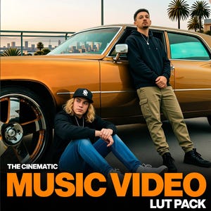 May include: Two people posing next to a classic gold car with large chrome wheels. One person is sitting, wearing a black cap and blue jeans. The other is leaning against the car, wearing a black hoodie and khaki pants. The text "THE CINEMATIC MUSIC VIDEO LUT PACK" is at the bottom.