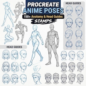May include: A digital art guide titled "Procreate Anime Poses" with illustrations of anime figures in various poses and head guides. The guide includes anatomy references and stamps for digital artists. The cover features text and detailed drawings.