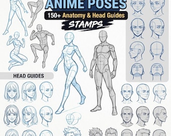 Procreate Anime Pose Stamps, 150+ Male & Female Anatomy Bases, Chibi Head Guides, Portrait Reference Stamp Pack for iPad Procreate
