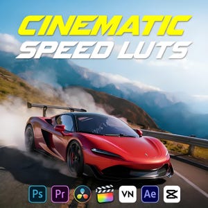 May include: A red sports car speeds along a mountain road, with the text "CINEMATIC SPEED LUTS" in yellow and white above. Software icons for Adobe Photoshop, Premiere Pro, DaVinci Resolve, Filmora, VN, After Effects, and CapCut are at the bottom.