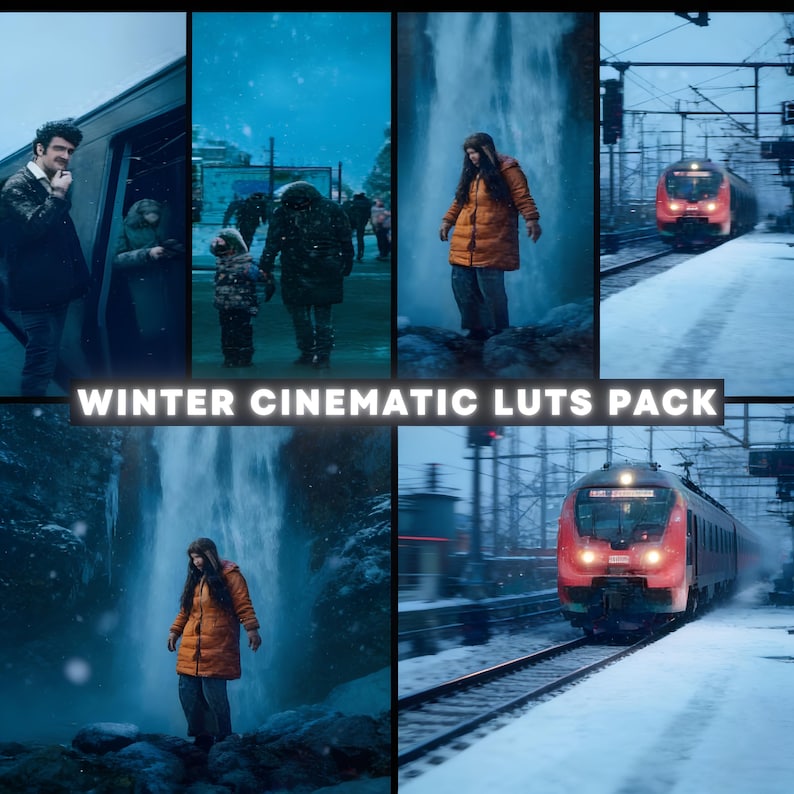 May include: A collage of winter scenes featuring people in coats and hats, a waterfall, and a train. The text "WINTER CINEMATIC LUTS PACK" is displayed across the top of the image. The overall color palette is cool, with blues and oranges.